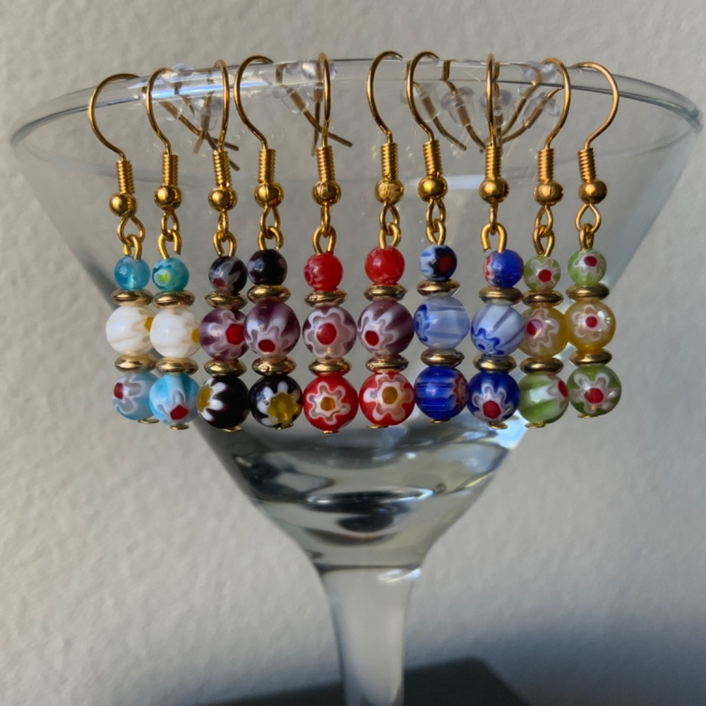 Glass Flower Millefiori Beads Black & Yellow Dangle/Drop Boho Handmade Earrings - Picture 3 of 3
